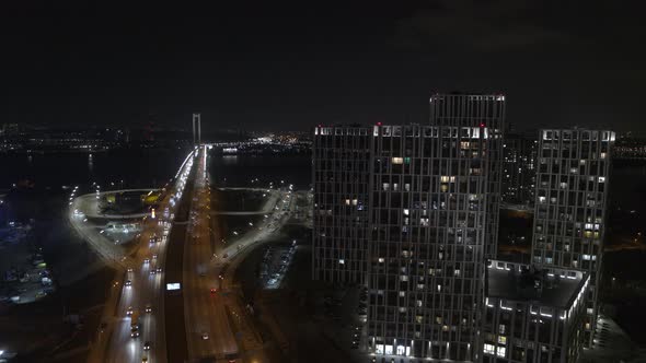 Night Kyiv Aerial View Near the South Bridge and Modern Skyscrapers