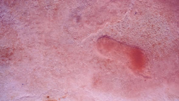 Top View Surface of Pink Mineral Lake with Salt Crystalized Bottom and Shallow Water