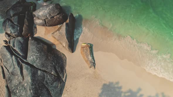 Aerial View Static Shooting Over Huge Rocks on Seashore