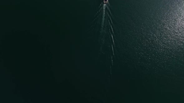 Aerial Flight Over a Boat, Lake Gruyère, Switzerland