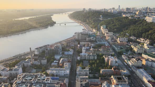 Historical District of Kyiv - Podil in the Morning at Dawn. Ukraine. Aerial View