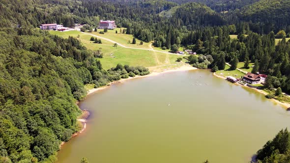 Aerial view of the Krpacovo reservoir in the village of Dolna Lehota in Slovakia