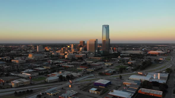 Oklahoma City Downtown Aerial with Drone at Sunset in 4K