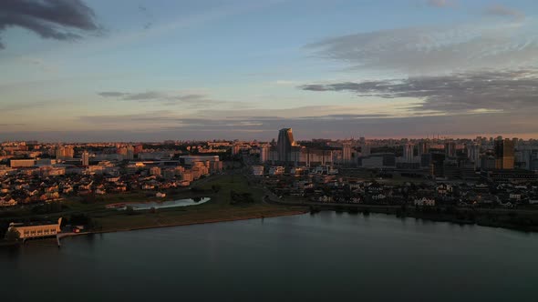 Picturesque Sunset on the Drozdy Reservoir with a View of the City of Minsk.Belarus