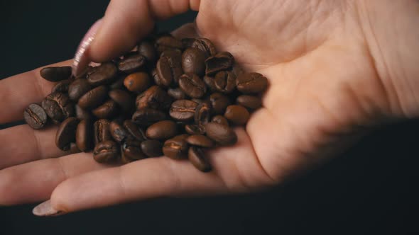 Coffee Beans are Hung Out of Female Hands