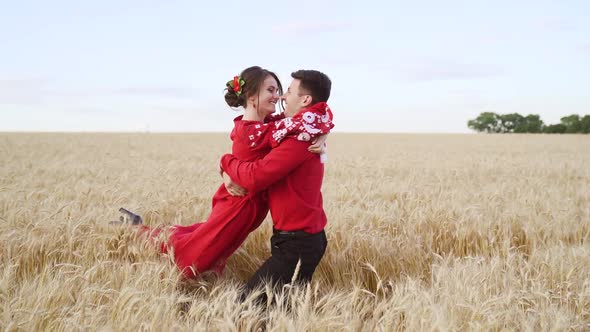 Young man kissing and spinning his girlfriend around on sunset in wheat field.