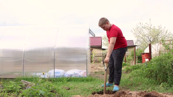 Happy Boy Playfully Digs a Hole with a Shovel for Planting a Tree