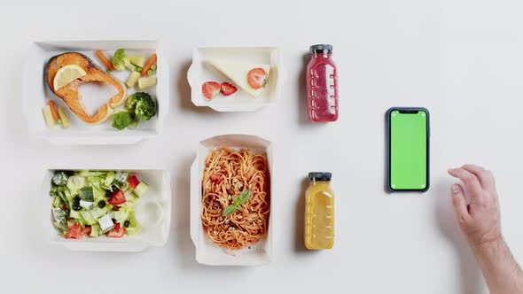 Food Delivery App Top View Take Away Meals in Disposable Containers on White Background