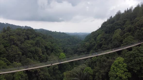 Aerial View Fly over the suspension bridge and forest in Sukabumi Situgunung