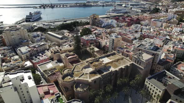 Topdown view of Cathedral of the Incarnation of Almería revealing Waterfront Downtown, Spain