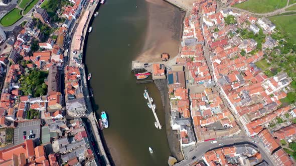 Aerial footage of the beautiful town of Whitby in the UK, North Yorkshire in the UK