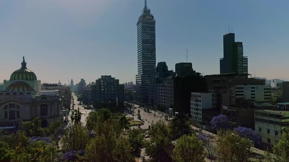 AEREAL SHOT OFTorre Latinoamericana (Latin-American Tower) and Bellas Artes downtown CDMX