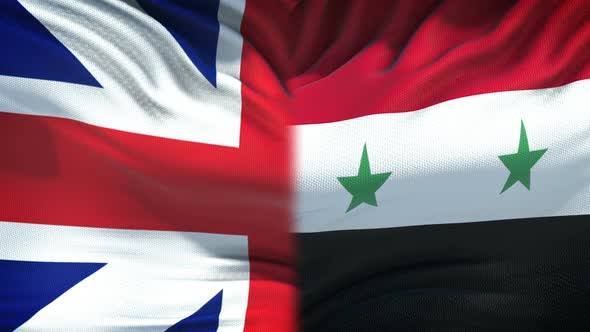 Great Britain vs Syria Conflict, Fists on Flag Background, Diplomatic Crisis