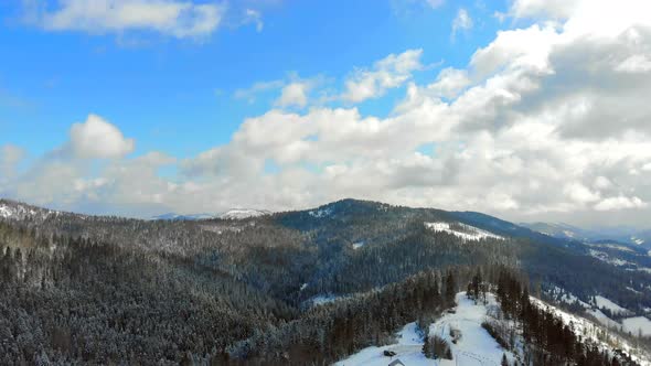 Panorama of the Mountain Range with Trees Covered with Snow in Sunny Weather. Winter View of the
