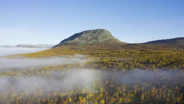 Aerial view flying towards a mountain with autumn color trees and mist in the foreground