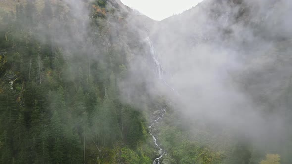 Aerial drone view of nature in Romania. Balea waterfall located in Carpathian mountains