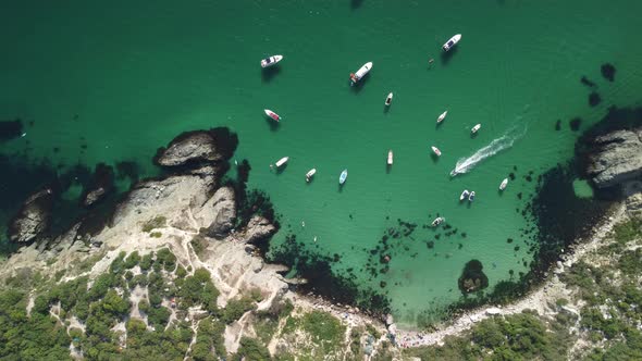 Aerial Panoramic View of Seascape with Crystal Clear Azure Sea and Rocky Shores