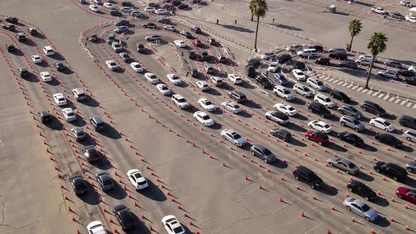 Aerial shot of cars at a testing site to receive the Coronavirus vaccine