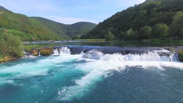 Aerial view of water cascades on Una river in Bosnia