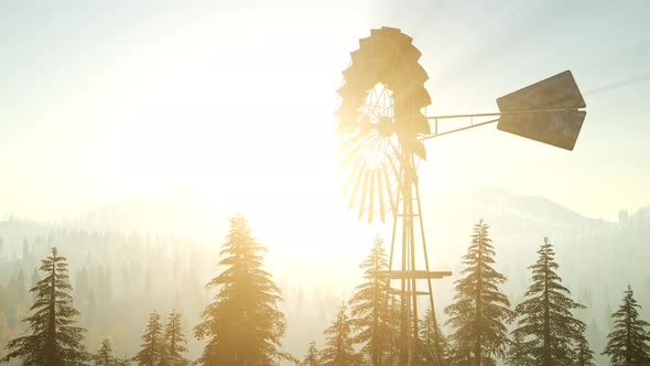 Typical Old Windmill Turbine in Forest at Sunset