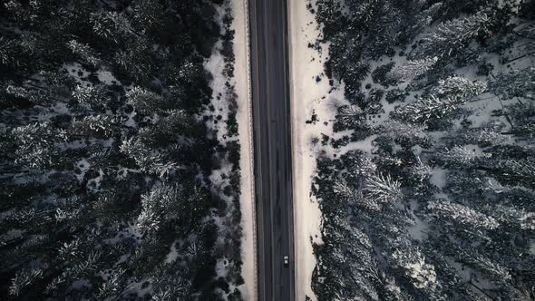Drone Above Snowy Mountain Road Trip Surrounded By Snowy Covered Trees