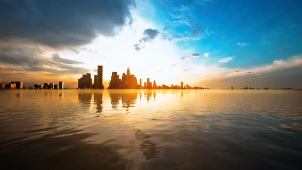 Skyline with Skyscrapers and Sea at Sunset