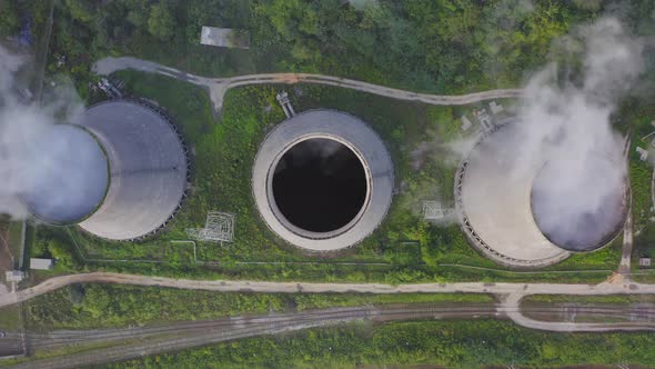 View From the Drone on the Cooling Towers of the Thermal Power Plant