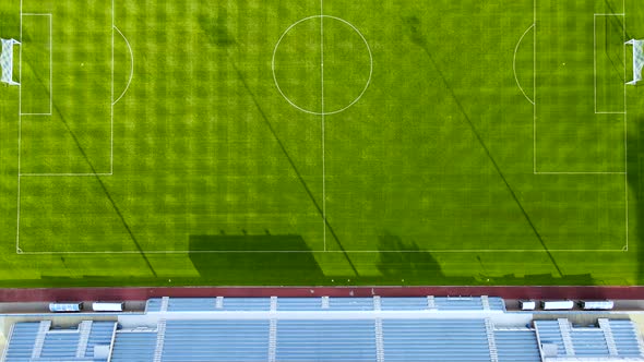 Soccer Field in Stadium with No People on Grass Turf - Aerial Overhead Drone