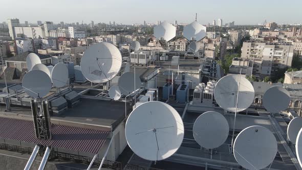 Kyiv, Ukraine: TV Antennas on the Roof of the Building. Aerial. Flat, Gray