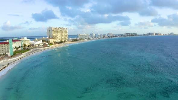 Aerial View of Cancun Mexico Showing Luxury Resorts and Blue Turquoise Beach