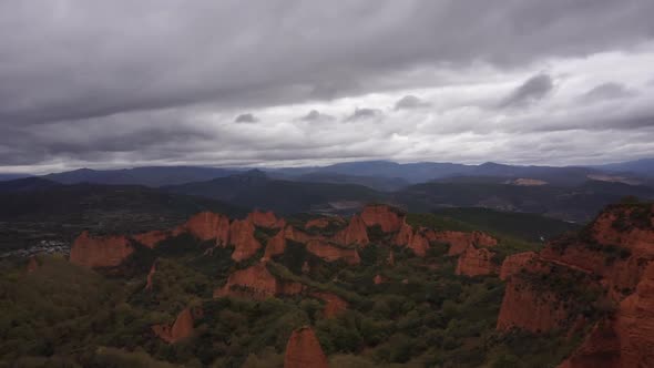 Timelapse of Las Medulas ancient roman gold mine on a moody rain day, Spain