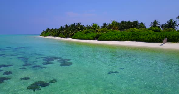 Daytime drone travel shot of a white sandy paradise beach and turquoise sea background in high resol