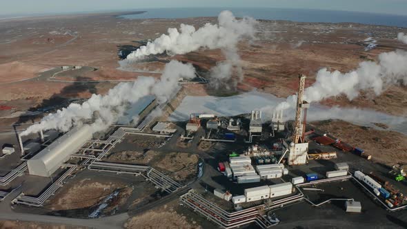 A Bird's-eye View of a Plant Producing Clean Energy Using Geothermal Sources. Iceland. Winter 2019