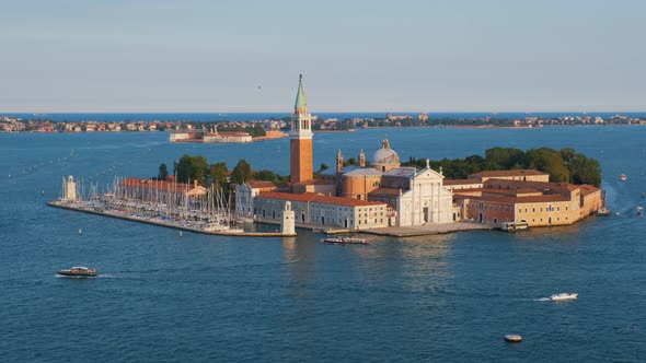 Aerial View of Venice Lagoon with Boats and San Giorgio Di Maggiore Church. Venice, Italy