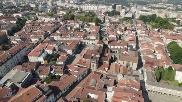 Charming white townhouses red roofs downtown Braga, Portugal. Scenic view