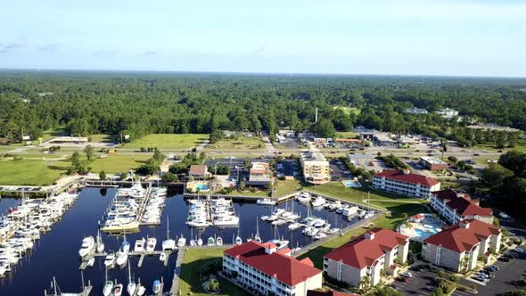 Aerial view or vacation condominiums near intercoastal marina in South Carolina.