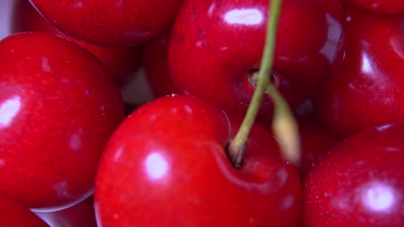 Sweet Cherry Close-up. Rotation of Red Cherries