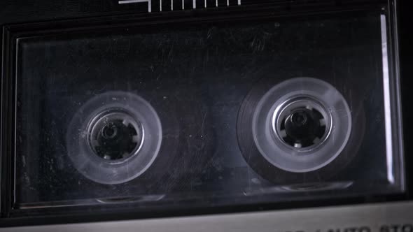 Audiocassette Rotates in Vintage Tape Recorder