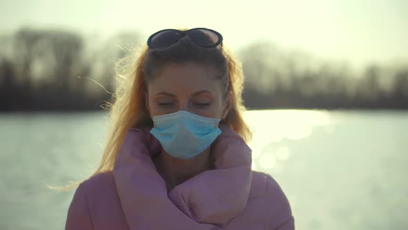 Girl Walking In Protective Mask COVID19 Virus. Health And Safety Concept. Pandemic Coronavirus.