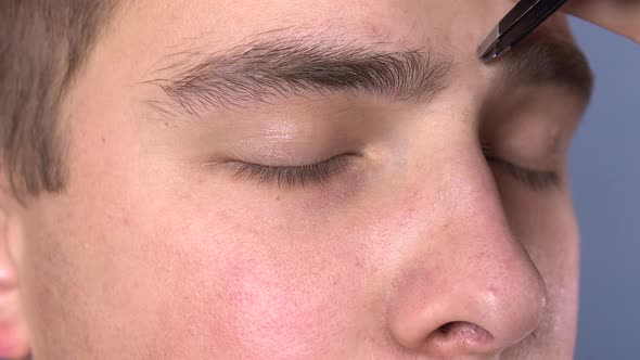 A Young Man Plucked Eyebrows in a Spa Salon. Woman Tweezers Pulls Out Eyebrows. Face Close Up