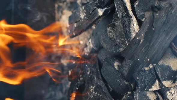 Super Slow Motion Vertical Burning Fire Flame Closeup Night Bonfire Fireplace