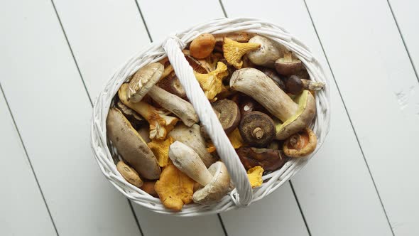 Basket with Different Kind of Forest Mushrooms on a White Wooden Background. Top View