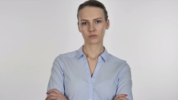 Serious Young Businesswoman on White Background