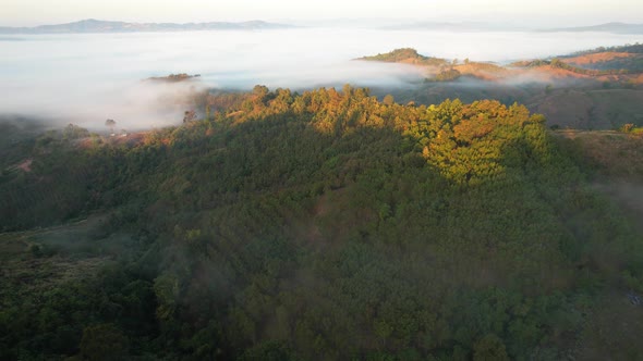 4K Aerial view of Mountains landscape with morning fog.