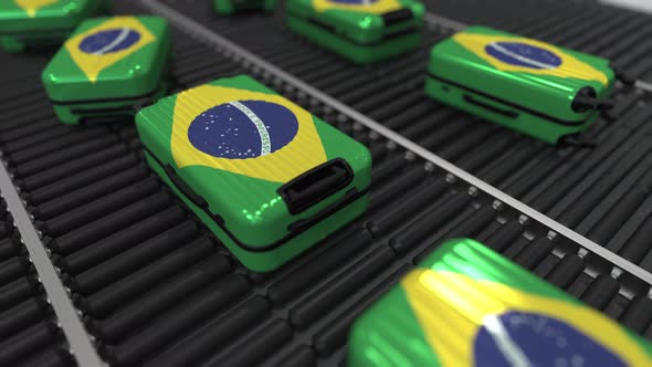 Many Travel Suitcases Featuring Flag of Brazil