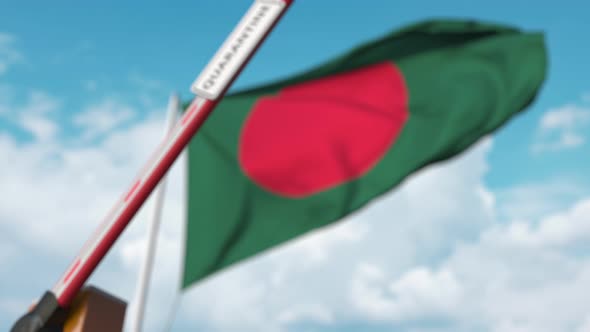 Barrier Gate with QUARANTINE Sign Being Closed at Flag of Bangladesh