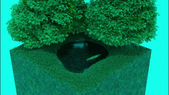 Abstract fragment of a city park on a small scale with a lush tree and a small pond