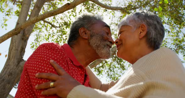 Low angle view of active African American senior couple looking face to face at each other 4k