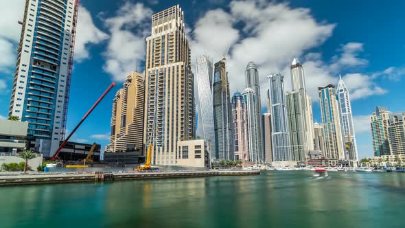 View of Dubai Marina Towers and Canal in Dubai Timelapse Hyperlapse