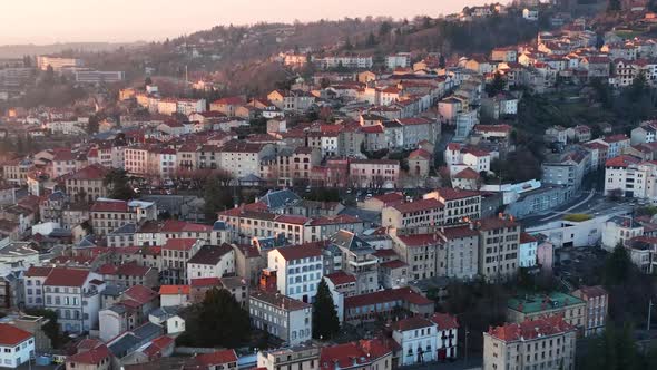 Aerial View of Dense Historic Center of Thiers Town in PuydeDome Department AuvergneRhoneAlpes